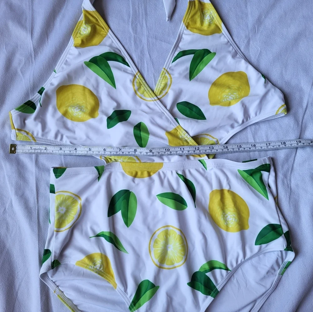 Zeraca One Piece Lemon Print Swimsuit With Halter Tie & Tie Back Size Large